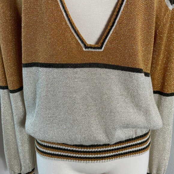 Free People Womens Medium Metallic Deep V Neck Sweater Gold Dust Pullover Top - Picture 4 of 14